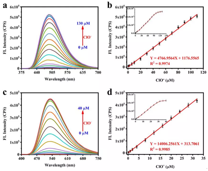 nm 和 530 nm 处的荧光强度值与次氯酸浓度之间的线性关系